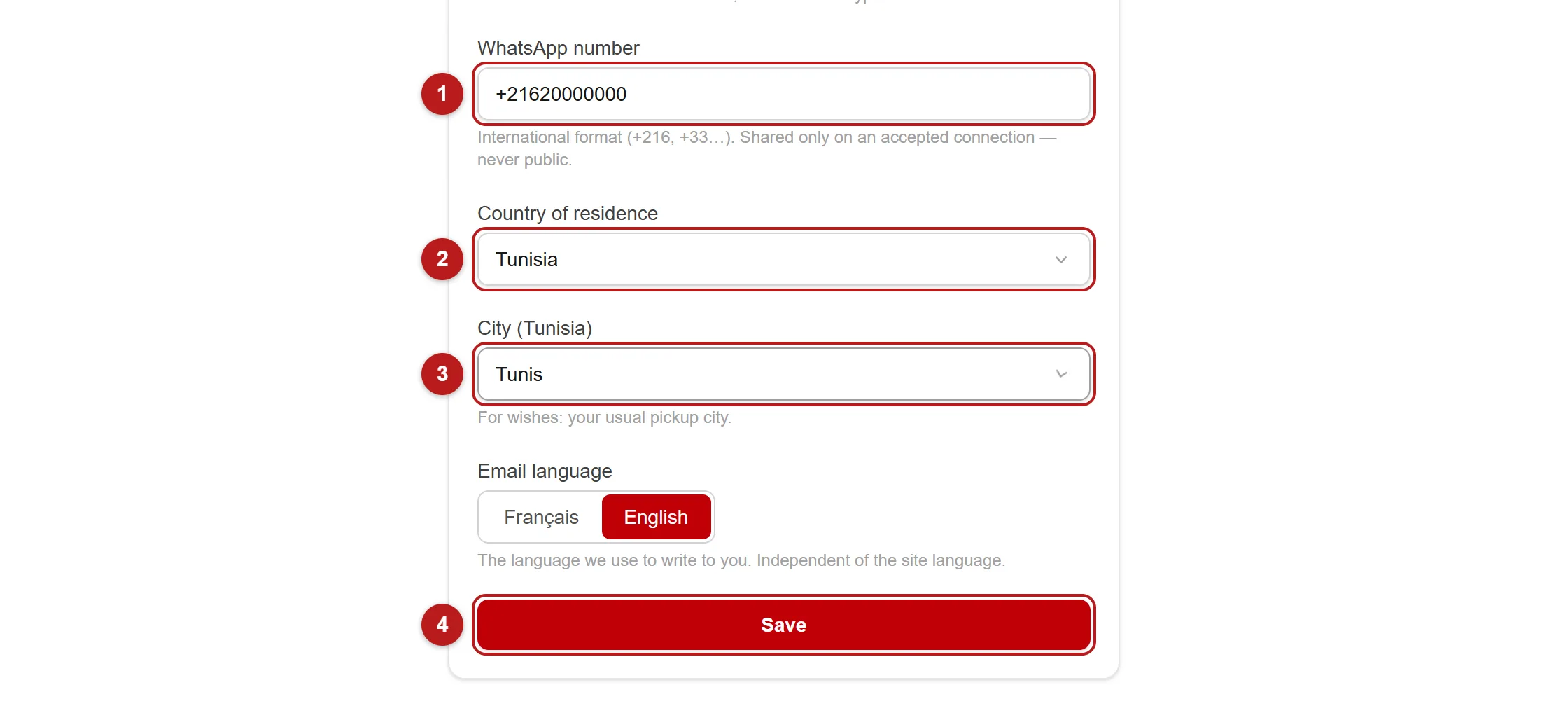 The My account page with the WhatsApp, country and city fields