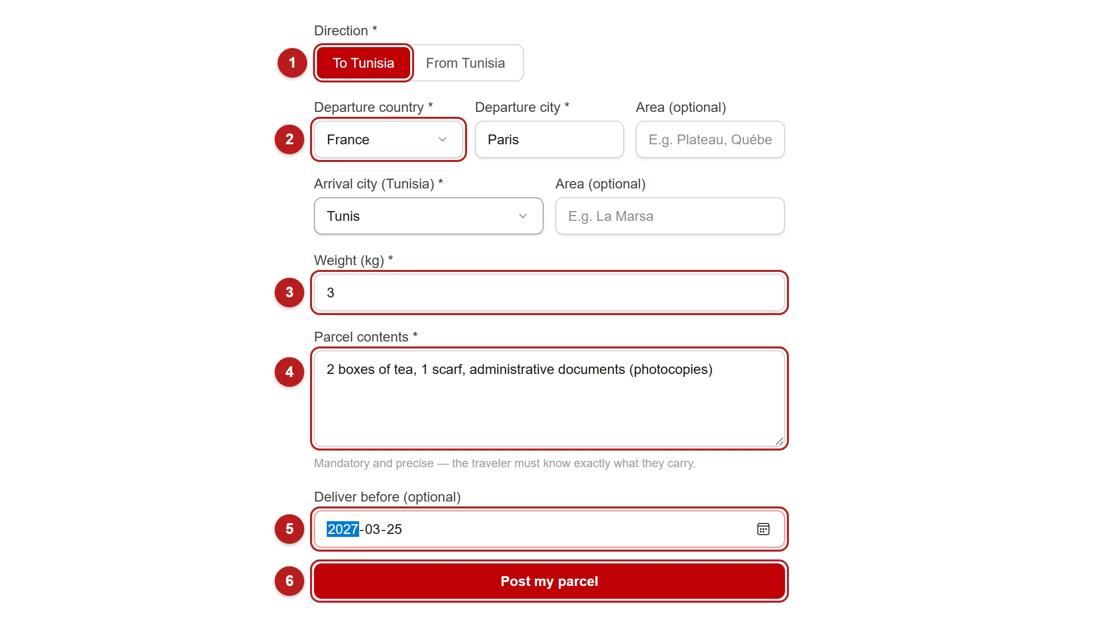 The new-parcel form