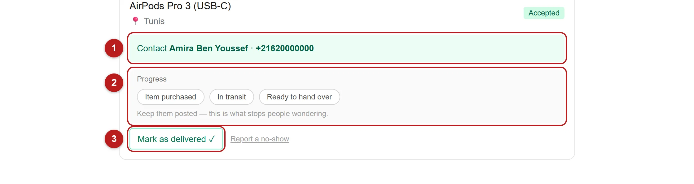 An accepted connection with the contact card, the progress selector and the delivered button