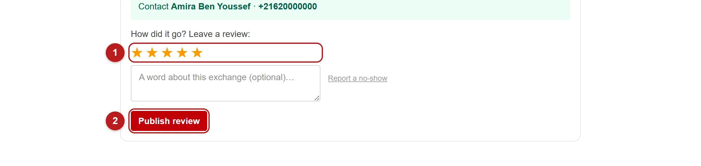 The review form with the star rating