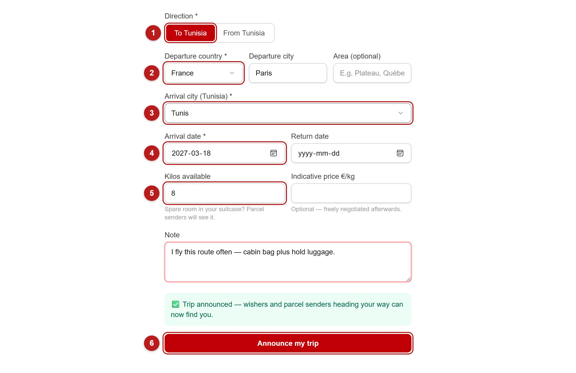 The new-trip form