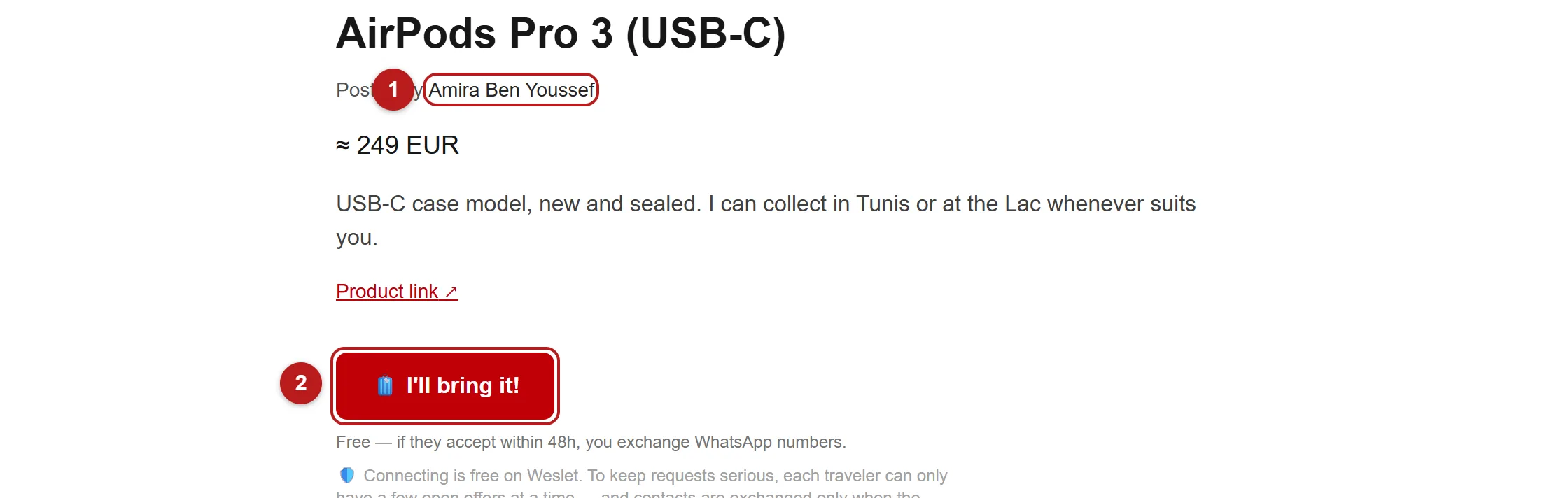 A wish page with the offer-to-bring button