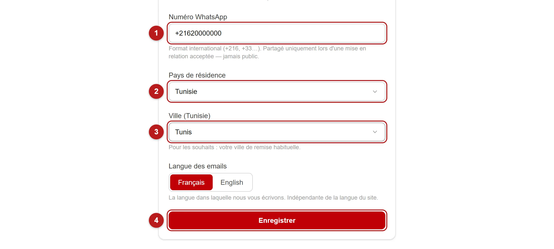 La page Mon compte avec les champs WhatsApp, pays et ville