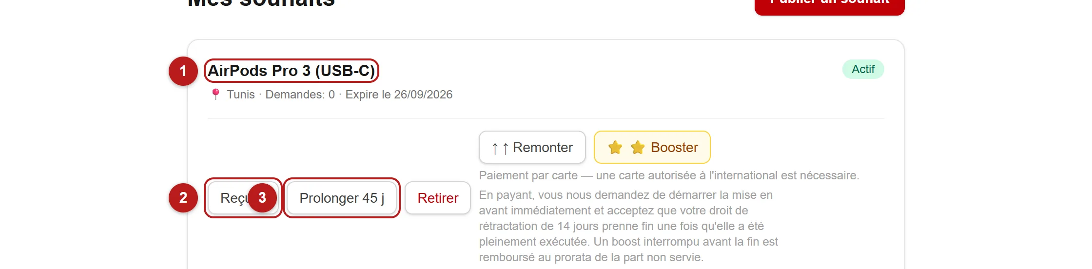 La page Mes souhaits avec une annonce et ses actions