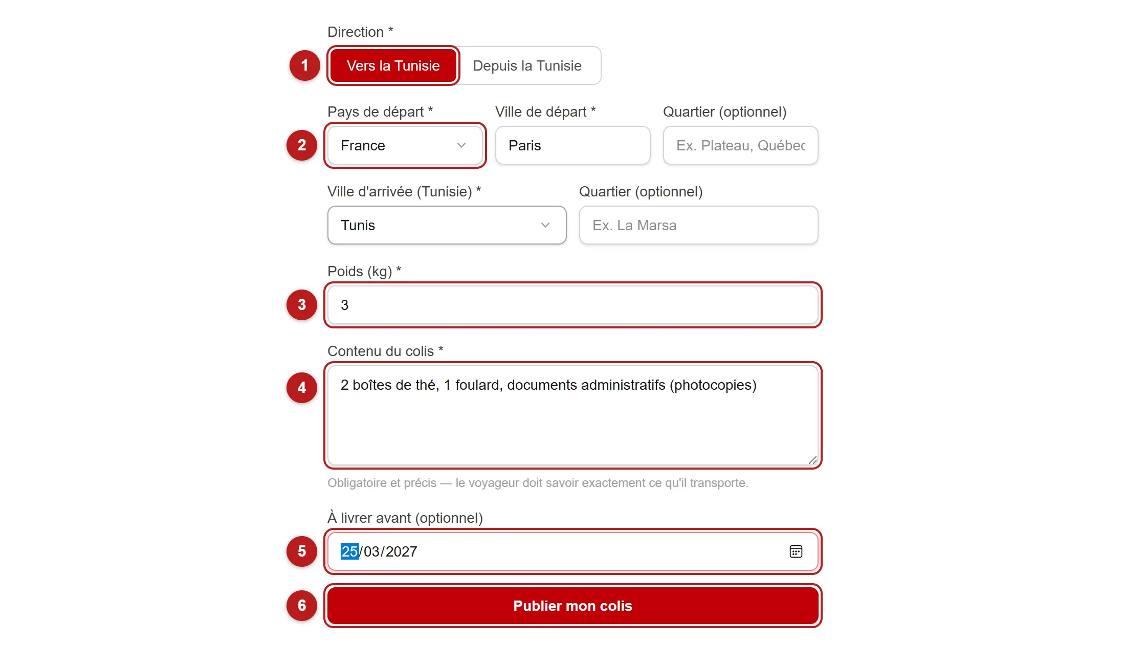 Le formulaire de nouveau colis