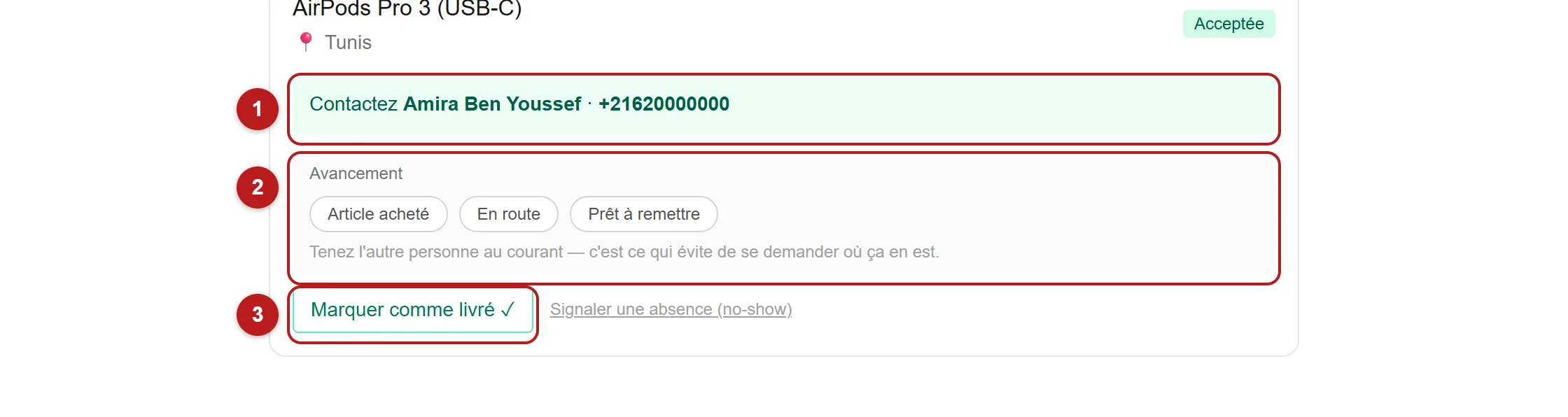Une mise en relation acceptée avec les coordonnées, le suivi d'avancement et le bouton de livraison