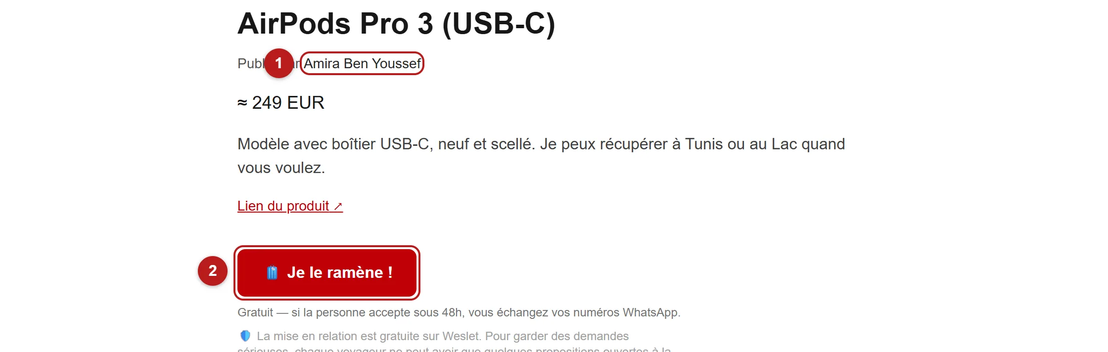 Une page de souhait avec le bouton pour proposer de le rapporter