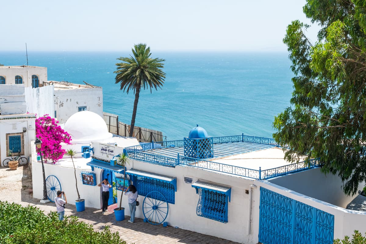 Les maisons blanches et bleues de Sidi Bou Saïd au-dessus de la mer, en Tunisie